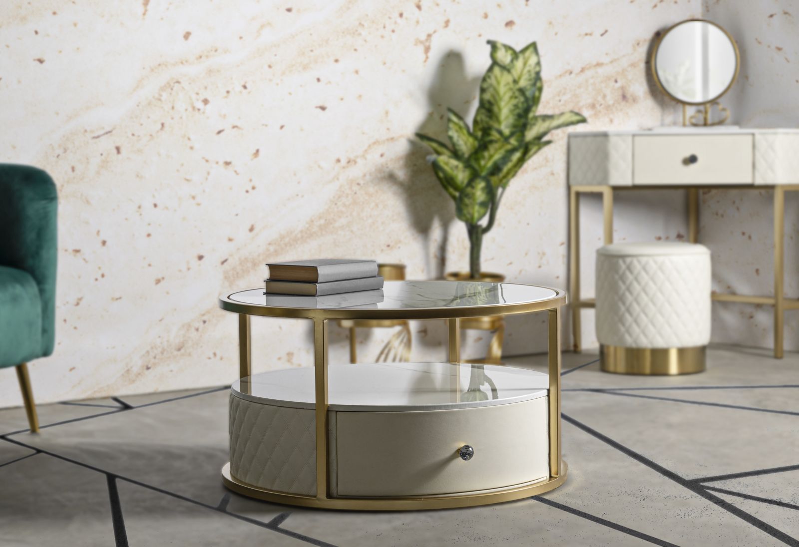 Mesa de Centro Sharon - Couro Sintético Branco e Estrutura Dourada - Ø 75 cm x 40 cm