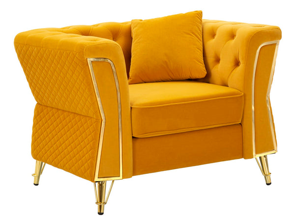Poltrona Emy Mustard com Almofada - Madeira e Veludo Mostarda com Pernas Douradas - 104 cm x 83 cm x 76 cm