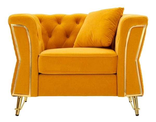 Poltrona Emy Mustard com Almofada - Madeira e Veludo Mostarda com Pernas Douradas - 104 cm x 83 cm x 76 cm
