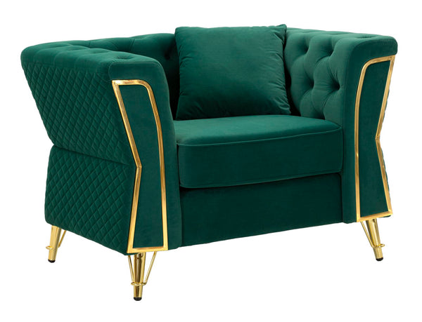 Poltrona Emy Green com Almofada - Madeira e Veludo Verde com Pernas Douradas - 104 cm x 83 cm x 76 cm