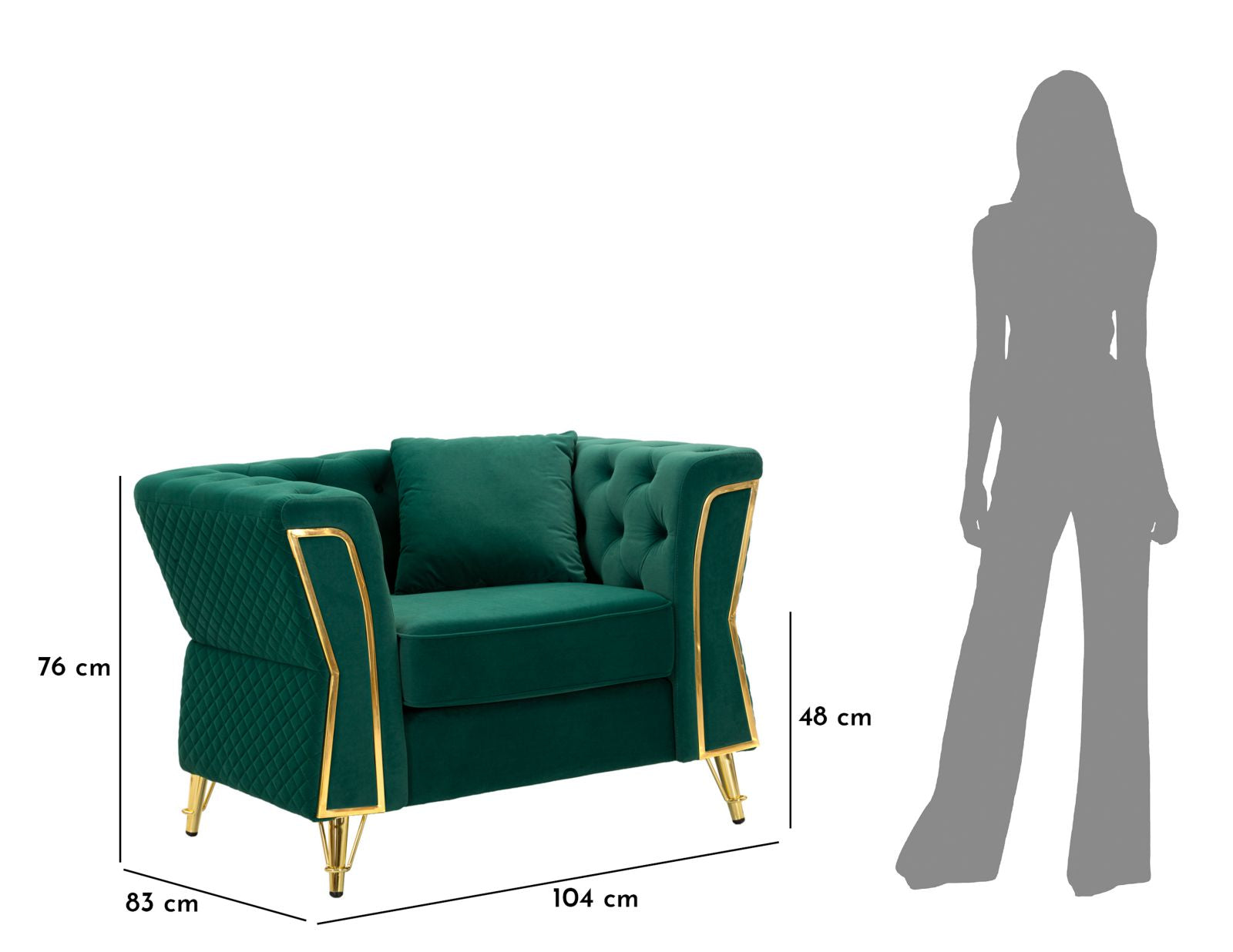 Poltrona Emy Green com Almofada - Madeira e Veludo Verde com Pernas Douradas - 104 cm x 83 cm x 76 cm