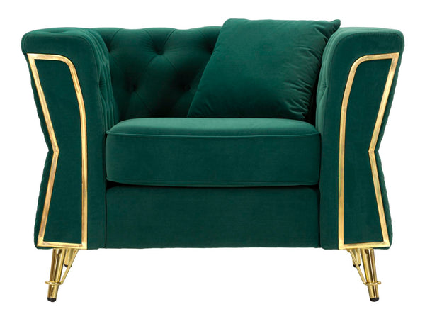 Poltrona Emy Green com Almofada - Madeira e Veludo Verde com Pernas Douradas - 104 cm x 83 cm x 76 cm