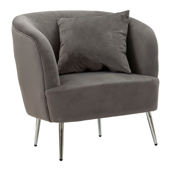 Poltrona Silvery com Almofada - Madeira e Veludo Cinza com Pernas Pratas - 73 cm x 66 cm x 78 cm