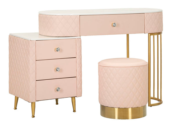 Toucador com Banco Sharon Pink – Estilo Glamour, Pele Sintética Acolchoada, Estrutura Dourada, 120x40x75 cm + Puff Ø36x39 cm – Rosa e Dourado