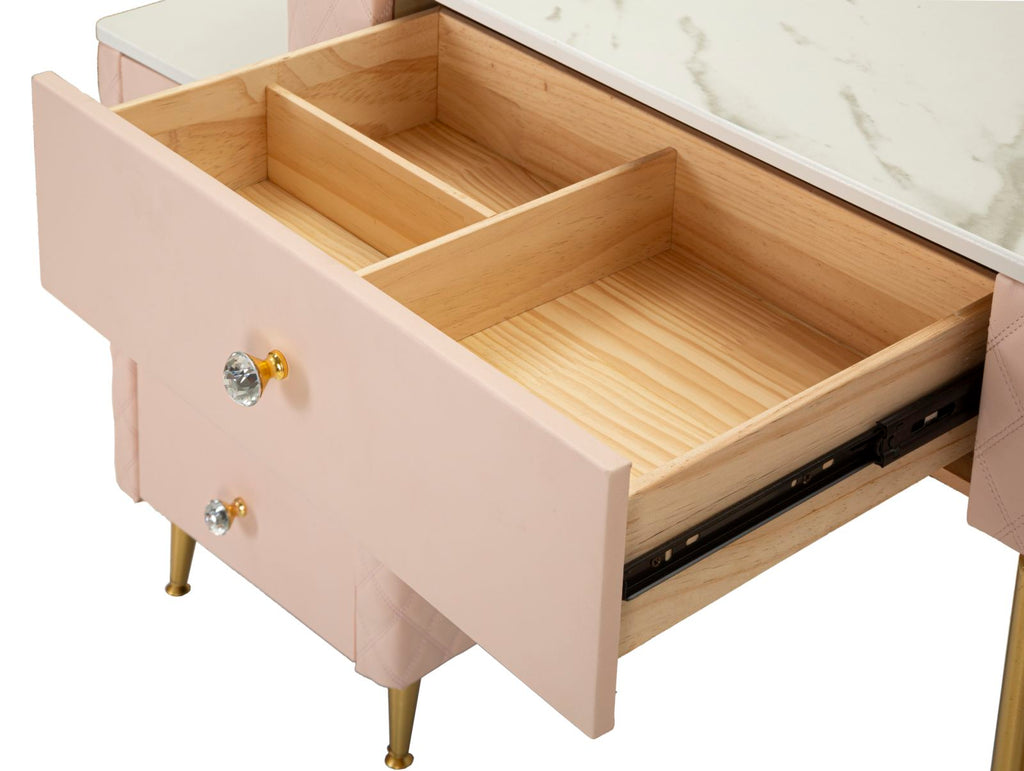Toucador com Banco Sharon Pink – Estilo Glamour, Pele Sintética Acolchoada, Estrutura Dourada, 120x40x75 cm + Puff Ø36x39 cm – Rosa e Dourado