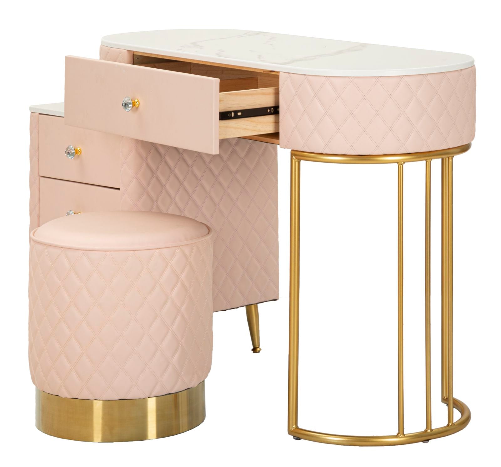 Toucador com Banco Sharon Pink – Estilo Glamour, Pele Sintética Acolchoada, Estrutura Dourada, 120x40x75 cm + Puff Ø36x39 cm – Rosa e Dourado