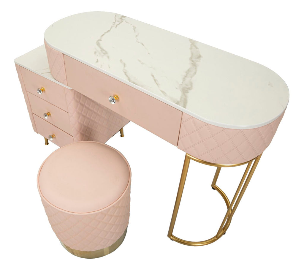 Toucador com Banco Sharon Pink – Estilo Glamour, Pele Sintética Acolchoada, Estrutura Dourada, 120x40x75 cm + Puff Ø36x39 cm – Rosa e Dourado