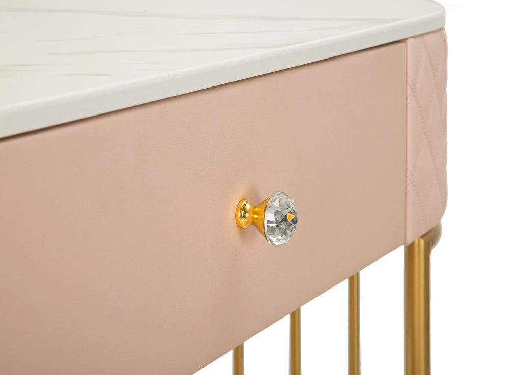 Toucador com Banco Sharon Pink – Estilo Glamour, Pele Sintética Acolchoada, Estrutura Dourada, 120x40x75 cm + Puff Ø36x39 cm – Rosa e Dourado