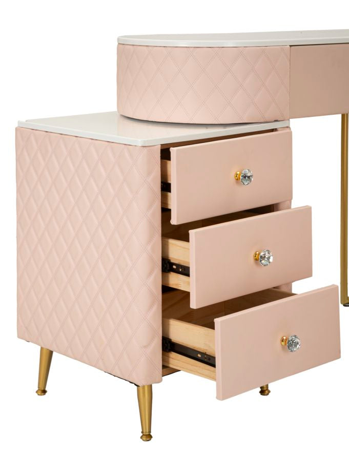 Toucador com Banco Sharon Pink – Estilo Glamour, Pele Sintética Acolchoada, Estrutura Dourada, 120x40x75 cm + Puff Ø36x39 cm – Rosa e Dourado