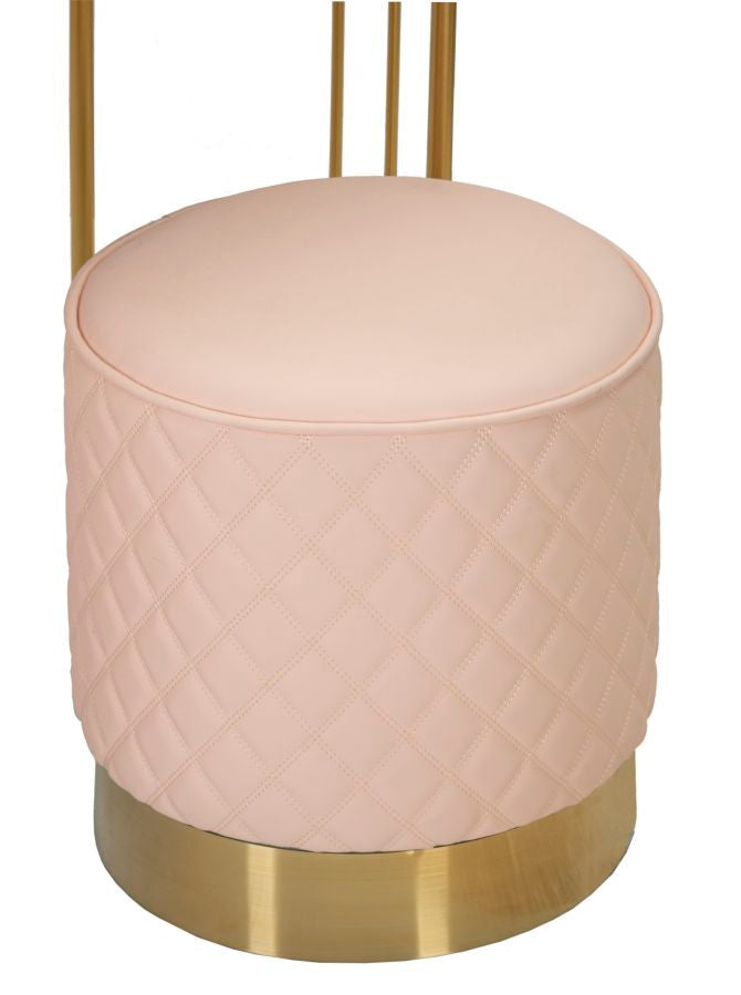 Toucador com Banco Sharon Pink – Estilo Glamour, Pele Sintética Acolchoada, Estrutura Dourada, 120x40x75 cm + Puff Ø36x39 cm – Rosa e Dourado