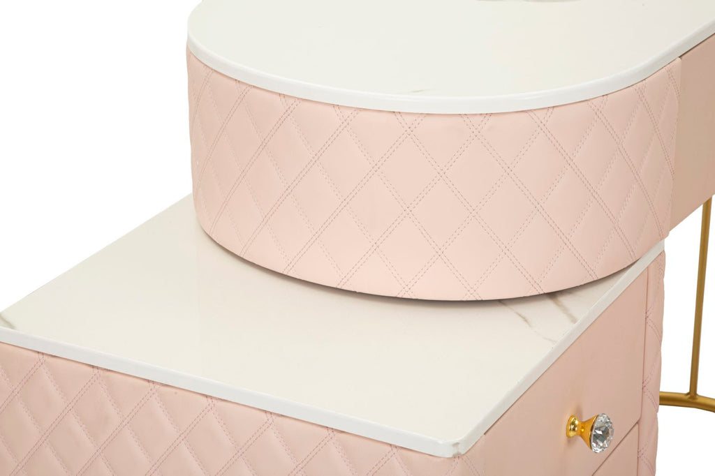Toucador com Banco Sharon Pink – Estilo Glamour, Pele Sintética Acolchoada, Estrutura Dourada, 120x40x75 cm + Puff Ø36x39 cm – Rosa e Dourado