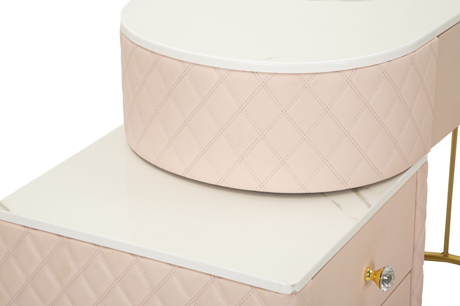 Toucador com Banco Sharon Pink – Estilo Glamour, Pele Sintética Acolchoada, Estrutura Dourada, 120x40x75 cm + Puff Ø36x39 cm – Rosa e Dourado