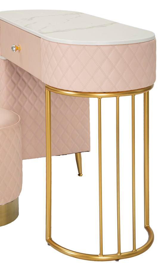 Toucador com Banco Sharon Pink – Estilo Glamour, Pele Sintética Acolchoada, Estrutura Dourada, 120x40x75 cm + Puff Ø36x39 cm – Rosa e Dourado