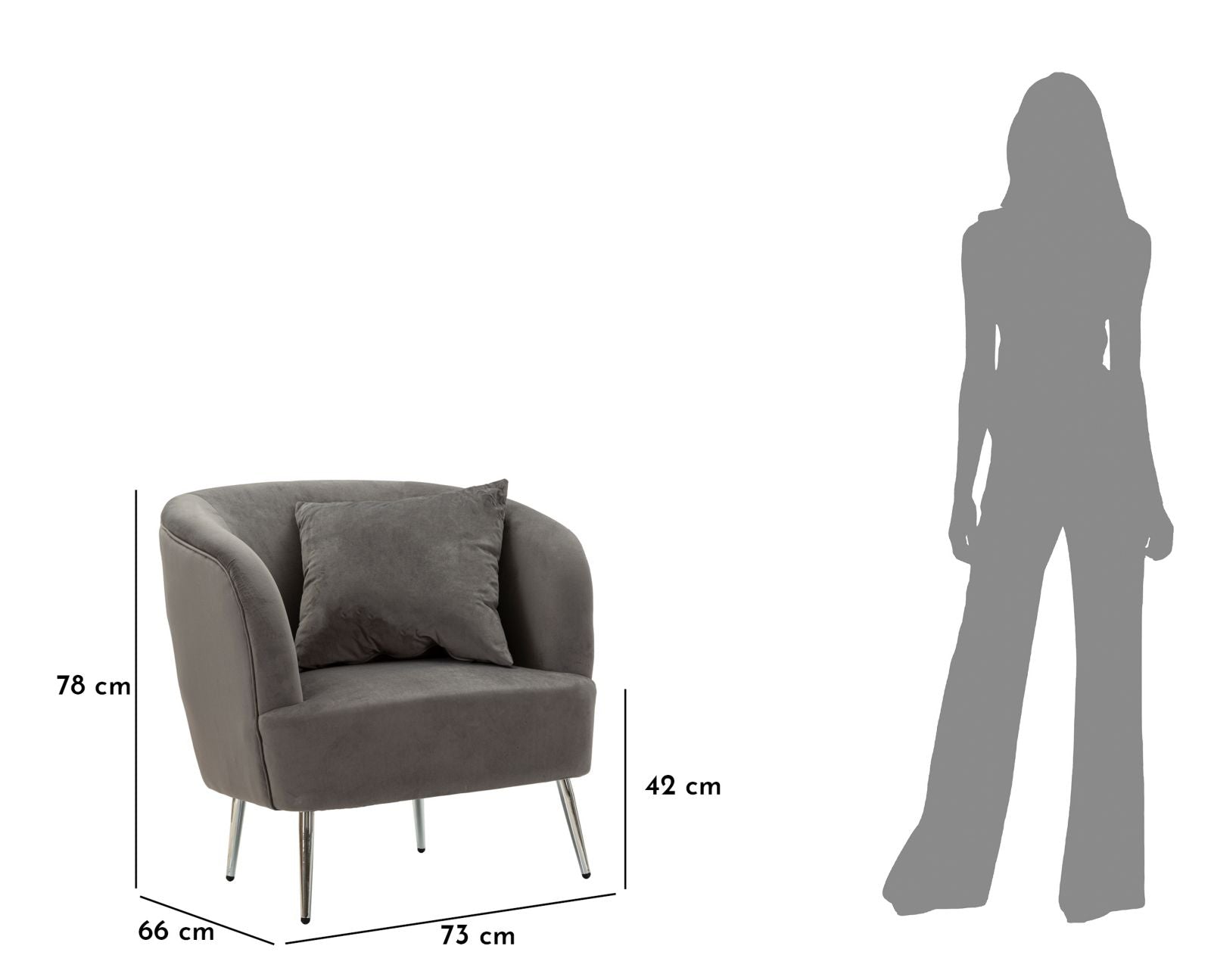 Poltrona Silvery com Almofada - Madeira e Veludo Cinza com Pernas Pratas - 73 cm x 66 cm x 78 cm