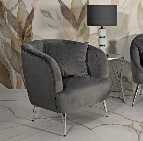 Poltrona Silvery com Almofada - Madeira e Veludo Cinza com Pernas Pratas - 73 cm x 66 cm x 78 cm