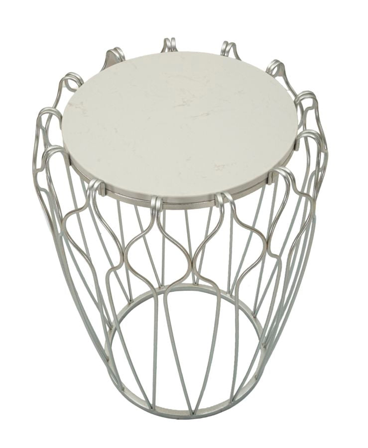 Mesa de Centro Hook - Base de Metal Prata e Topo de Mármore - Ø 47,5 cm x 61,5 cm