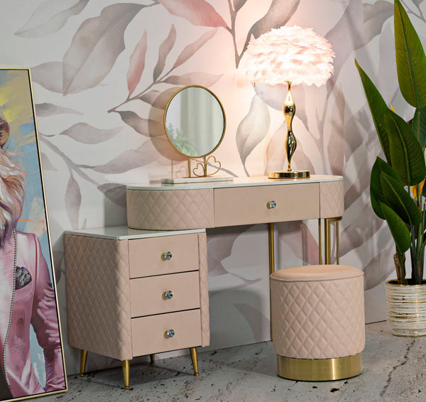 Toucador com Banco Sharon Pink – Estilo Glamour, Pele Sintética Acolchoada, Estrutura Dourada, 120x40x75 cm + Puff Ø36x39 cm – Rosa e Dourado