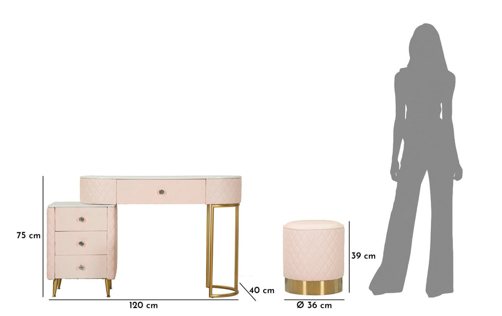 Toucador com Banco Sharon Pink – Estilo Glamour, Pele Sintética Acolchoada, Estrutura Dourada, 120x40x75 cm + Puff Ø36x39 cm – Rosa e Dourado