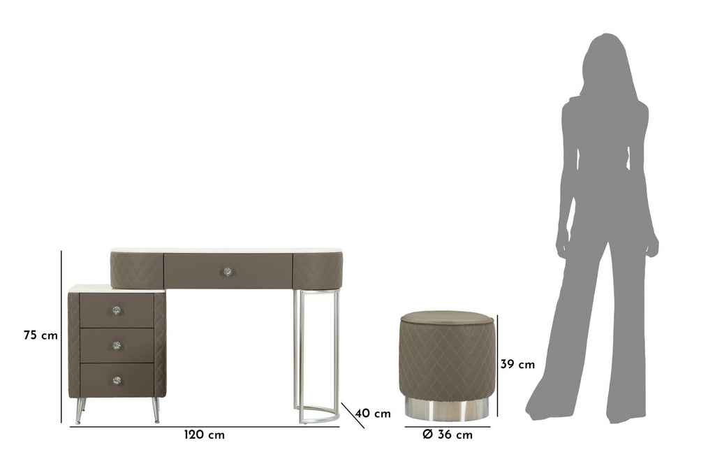 Toucador Sharon Cinza com Puff - Estrutura Metálica Prateada - 120 cm x 40 cm x 75 cm (Puff Ø 36 cm x 39 cm)