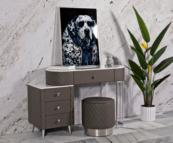 Toucador Sharon Cinza com Puff - Estrutura Metálica Prateada - 120 cm x 40 cm x 75 cm (Puff Ø 36 cm x 39 cm)