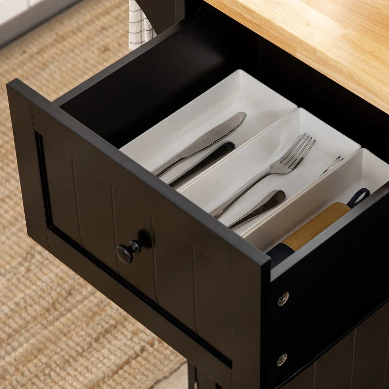 Ilha de Cozinha com Rodas Carrinho de Cozinha com Gaveta 3 Portas Prateleira Ajustável e Suporte para Panos Móvel Auxiliar de Cozinha 135x45x94,5cm Preto e Madeira