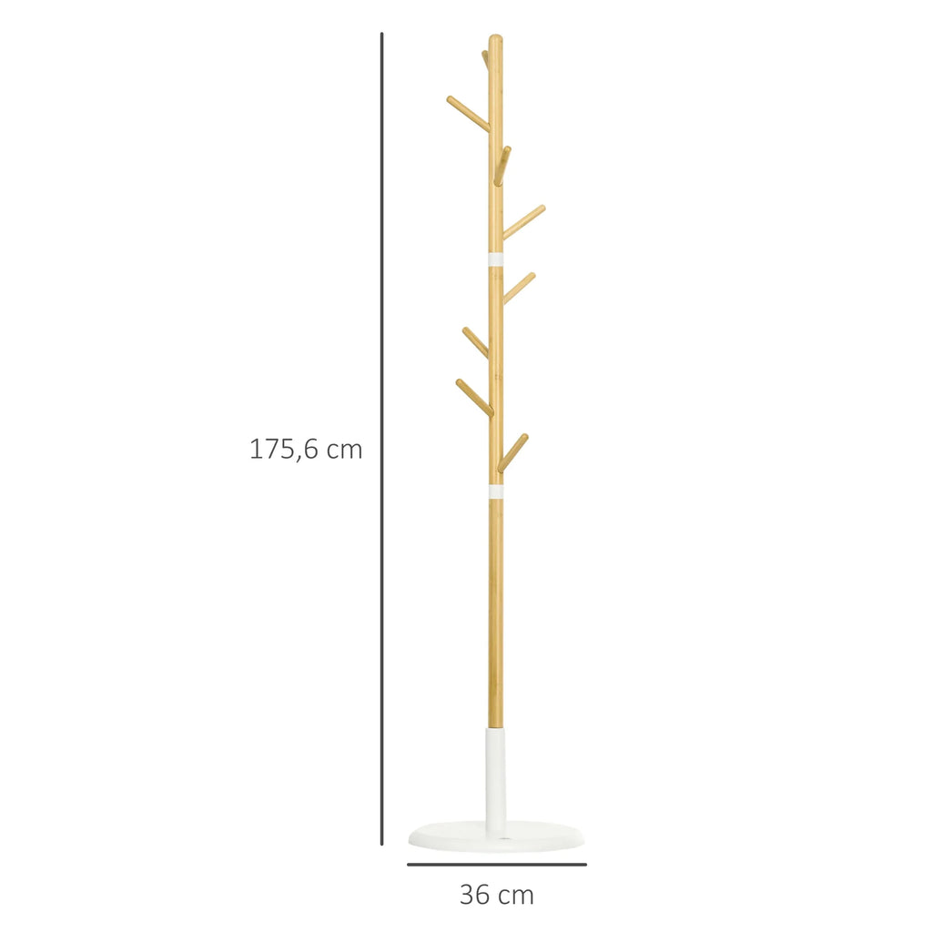 Cabide de Pé de Bambu Cabide de Pé Moderno com 8 Ganchos para Roupas Bolsas Cabide em Forma de Árvore para Entrada Dormitório Ø37,8x175,6 cm Madeira e Branco