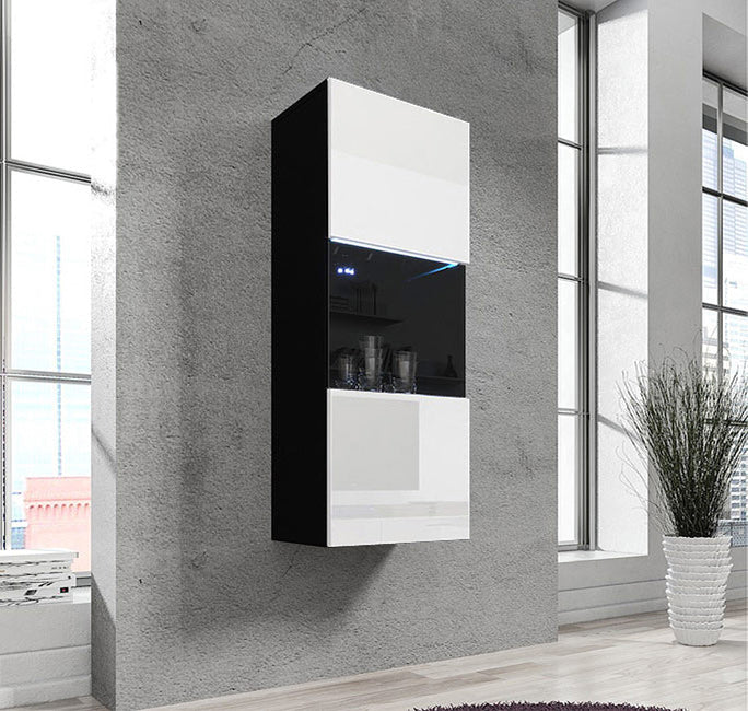 Vitrine de Parede Mouronho – 40x126 cm – Preto e Branco com LED Azul e Porta Curva