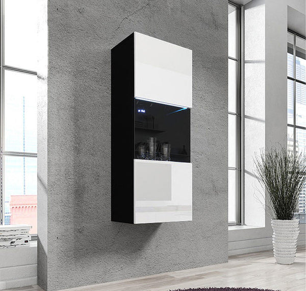 Vitrine de Parede Mouronho – 40x126 cm – Preto e Branco com LED Azul e Porta Curva