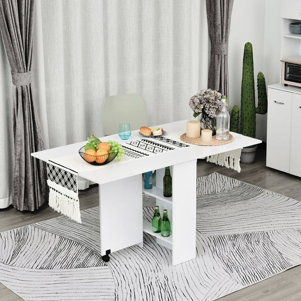 Mesa de Sala de Jantar Dobrável Mesa de Madeira com 2 Prateleiras de Armazenamento e Rodas para Cozinha 75x140x74 cm Branco