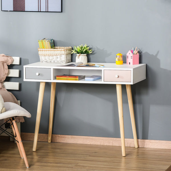 Consola Secretária Infantil com 1 Compartimento Aberto e 2 Gavetas Estilo Nórdico para Dormitório Entrada 100x48x76,5cm Multicolor
