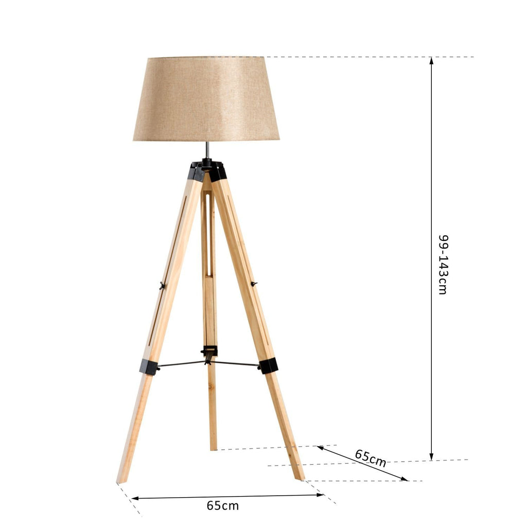 Candeeiro de Pé Moderno, com Tripé Altura Regulável de Madeira e Abajur de Linho - 65x65x99-143 centímetros