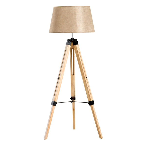 Candeeiro de Pé Moderno, com Tripé Altura Regulável de Madeira e Abajur de Linho - 65x65x99-143 centímetros
