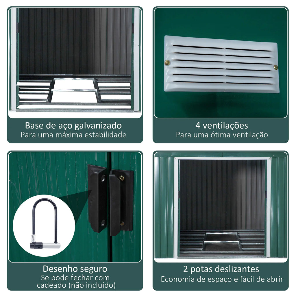 Abrigo de Jardim Metálico 340x386x200cm Abrigo de Exterior para Armazenamento de Ferramentas com Base de Reforço Incluida 4 Janelas de Ventilação e Porta Corredeira Verde