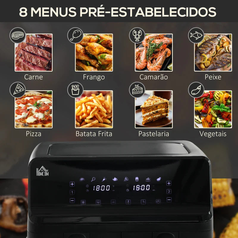 Fritadeira sem Óleo Dupla 8L Fritadeira de Ar Quente 2500W com 8 Programas Ecrã LED Tátil Temperatura Ajustável 80-200°C Temporizador e Cesta Antiaderente 38,5x38x30,5 cm Preto