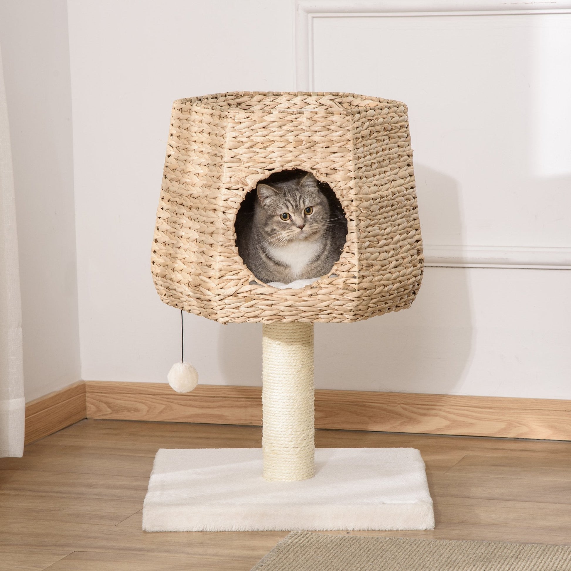 PawHut Árvore Arranhador para Gatos Pequena Altura 66cm Torre de Escalada para Gatos com Caverna de Junco Cama Superior Almofadas Poste Arranhador de Sisal e Bola Suspensa Creme e Natural