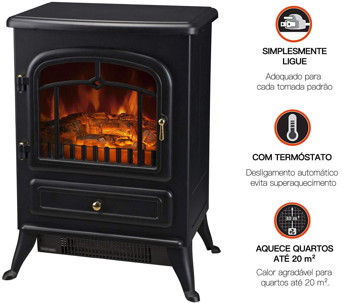 Lareira Elétrica Portátil 1000/2000W com Efeito de Chama Realista Termostato e Proteção Contra Superaquecimento para Ambientes entre 15-20m² 45x28x54cm Preto
