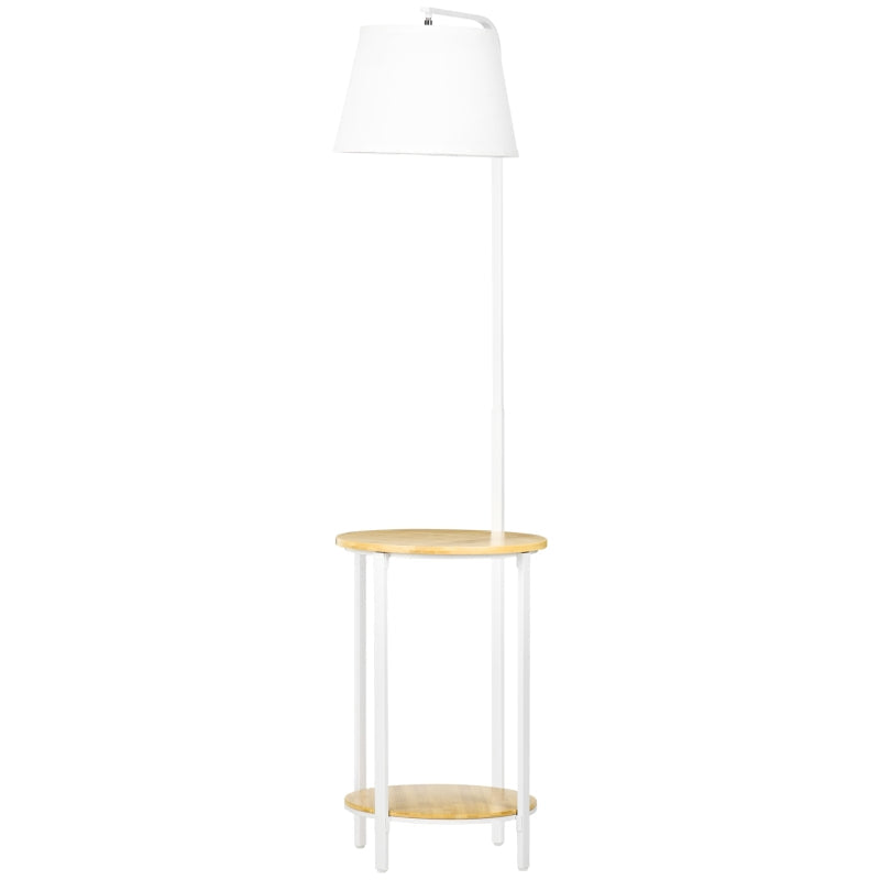 Candeeiro de Pé Moderno com Prateleira Candeeiro com Prateleira Suporte para Lâmpada E27 Máx. 40W com Ecrã de Linho Interruptor de Pé para Sala de Estar Dormitório Ø37x162cm Branco e Madeira