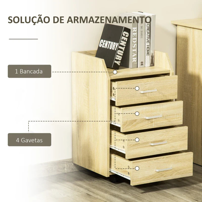 Bloco de Gavetas Móvel Auxiliar com 4 Gavetas Bancada Superior de Armazenamento 4 Rodas e 2 Freios para Estúdio Escritório 40x36x65cm Carvalho