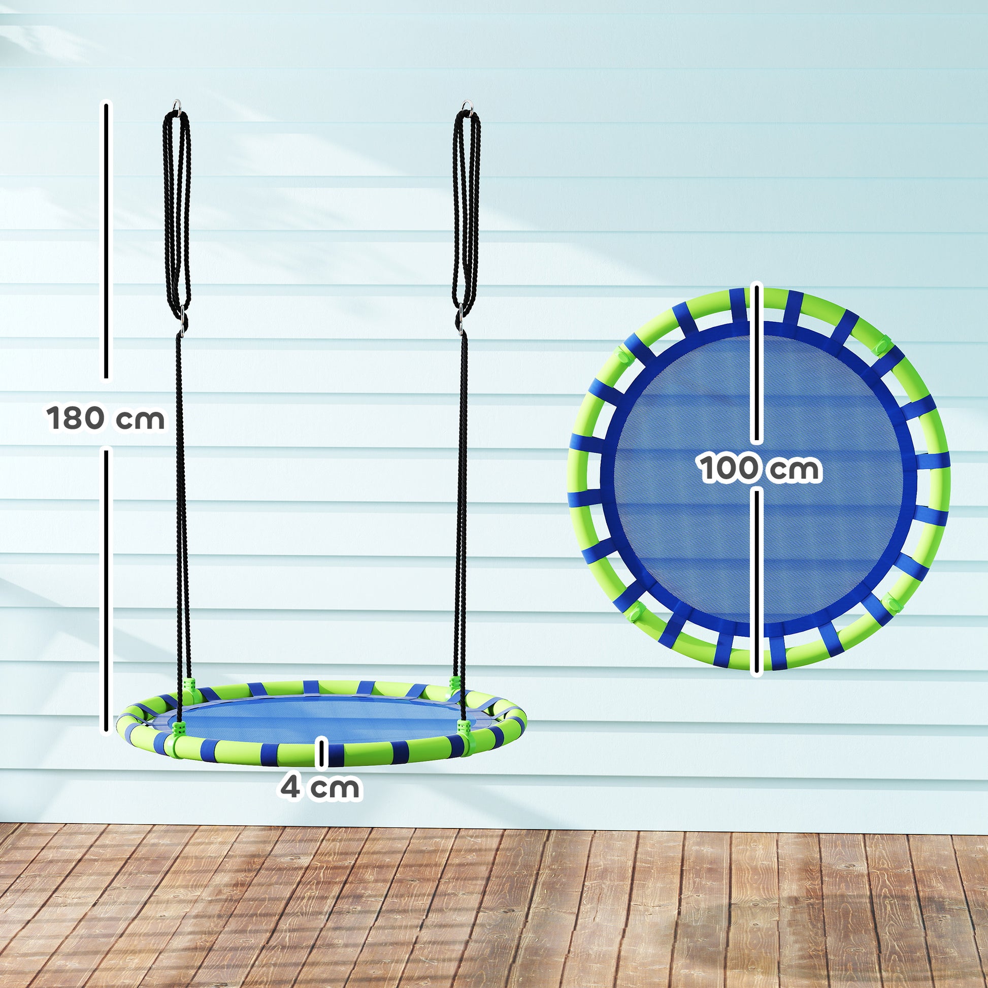 AIYAPLAY Baloiço para Crianças Redondo Baloiço de Jardim Infantil Ajustável Baloiço de Exterior para Crianças Impermeável Carga 150kg Ø100x180 cm Preto e Azul