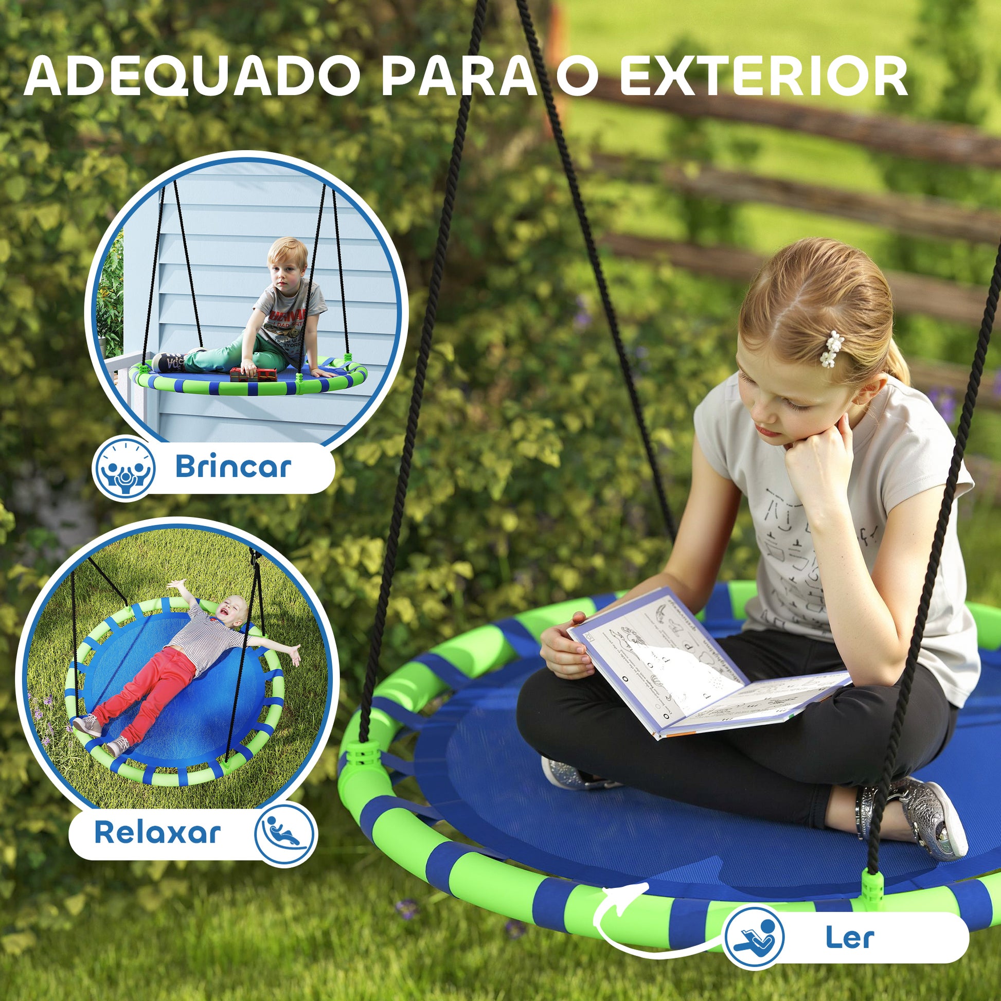 AIYAPLAY Baloiço para Crianças Redondo Baloiço de Jardim Infantil Ajustável Baloiço de Exterior para Crianças Impermeável Carga 150kg Ø100x180 cm Preto e Azul