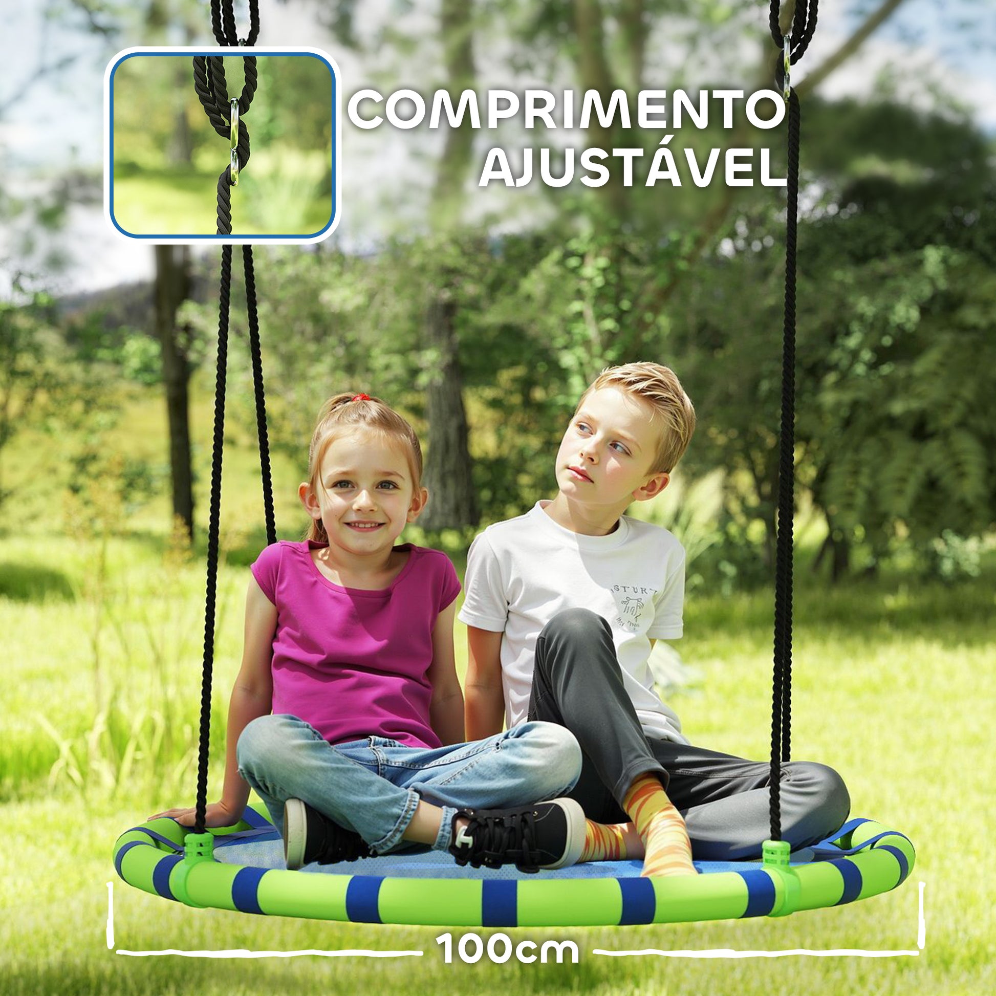 AIYAPLAY Baloiço para Crianças Redondo Baloiço de Jardim Infantil Ajustável Baloiço de Exterior para Crianças Impermeável Carga 150kg Ø100x180 cm Preto e Azul