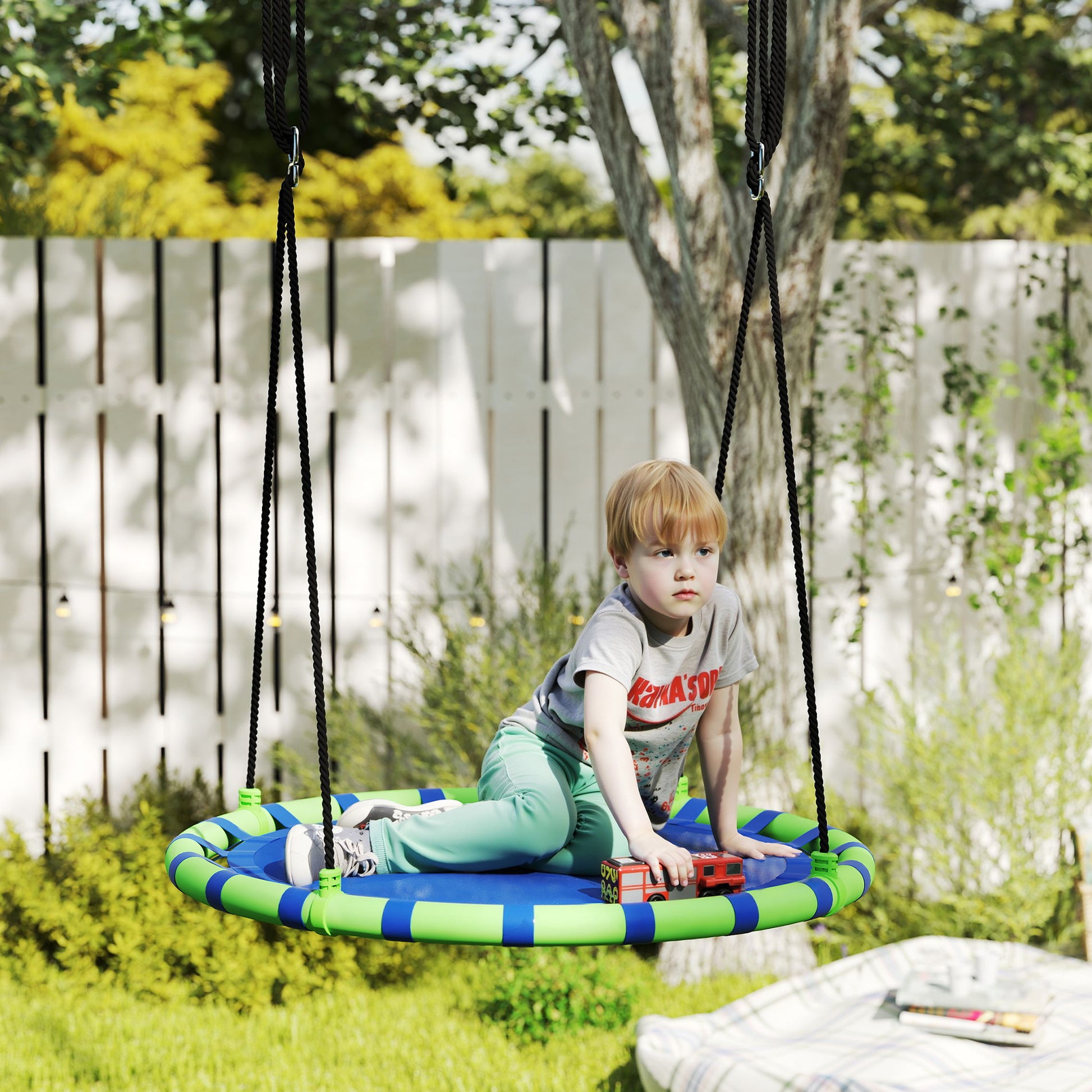 AIYAPLAY Baloiço para Crianças Redondo Baloiço de Jardim Infantil Ajustável Baloiço de Exterior para Crianças Impermeável Carga 150kg Ø100x180 cm Preto e Azul