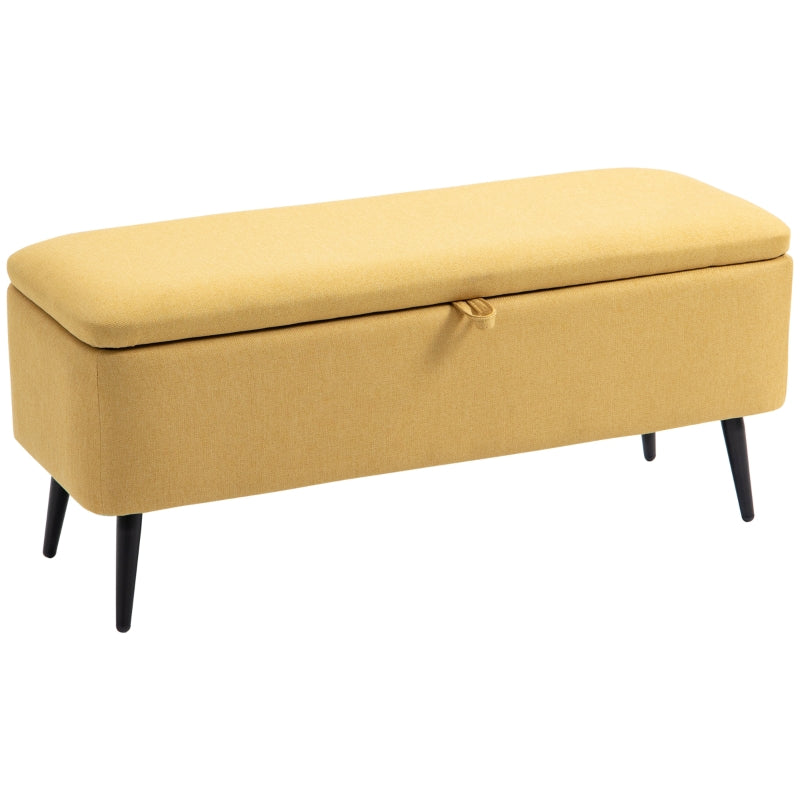 Banco de Armazenamento Estofado em Linho com Tampa Abatível e Pés de Aço para Dormitório Sala de Estar Entrada Carga Máxima 150kg 101x38,5x44,5 cm Amarelo
