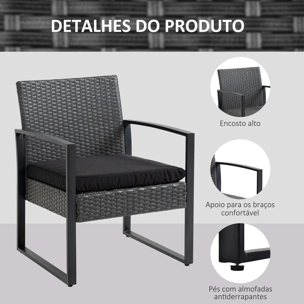 Conjunto de Móveis de Jardim de Vime 3 Peças com 1 Mesa 42,5x40x39 cm 2 Poltronas 63x57x76 cm Almofada Acolchoada para Pátio Varanda Cinzento e Preto