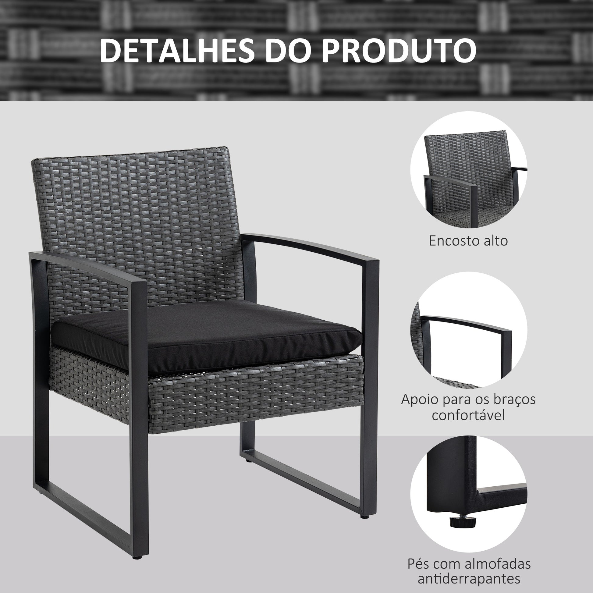 Conjunto de Móveis de Jardim de Vime 3 Peças com 1 Mesa 42,5x40x39 cm 2 Poltronas 63x57x76 cm Almofada Acolchoada para Pátio Varanda Cinzento e Preto