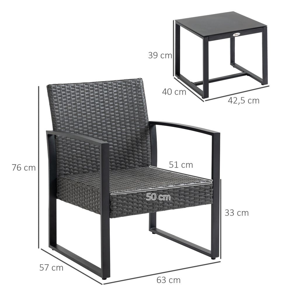 Conjunto de Móveis de Jardim de Vime 3 Peças com 1 Mesa 42,5x40x39 cm 2 Poltronas 63x57x76 cm Almofada Acolchoada para Pátio Varanda Cinzento e Preto