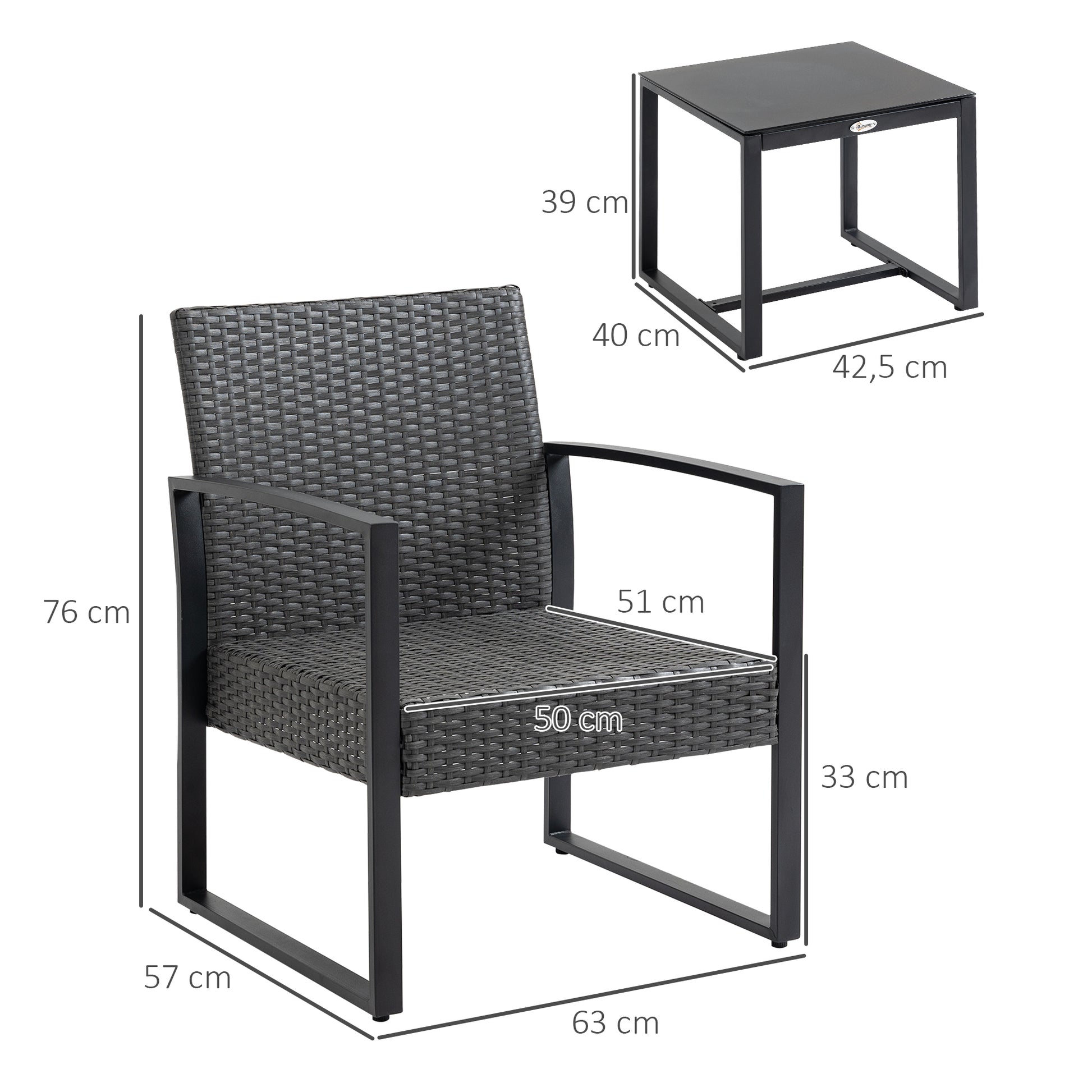 Conjunto de Móveis de Jardim de Vime 3 Peças com 1 Mesa 42,5x40x39 cm 2 Poltronas 63x57x76 cm Almofada Acolchoada para Pátio Varanda Cinzento e Preto