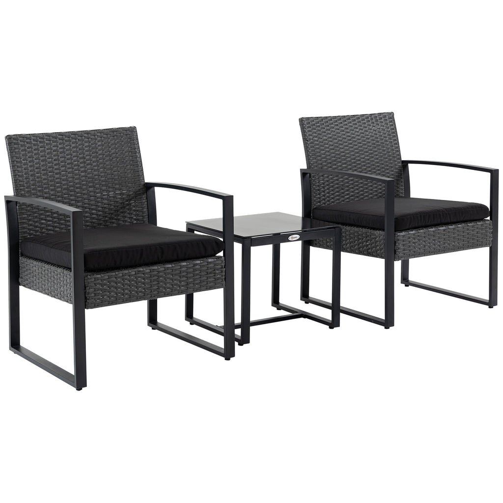 Conjunto de Móveis de Jardim de Vime 3 Peças com 1 Mesa 42,5x40x39 cm 2 Poltronas 63x57x76 cm Almofada Acolchoada para Pátio Varanda Cinzento e Preto