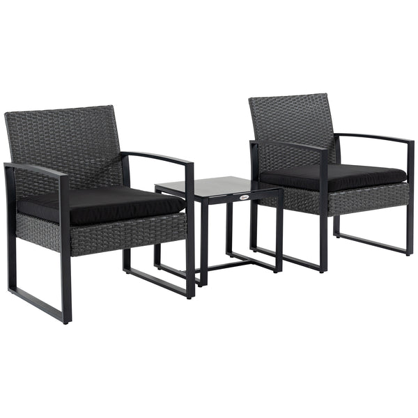 Conjunto de Móveis de Jardim de Vime 3 Peças com 1 Mesa 42,5x40x39 cm 2 Poltronas 63x57x76 cm Almofada Acolchoada para Pátio Varanda Cinzento e Preto