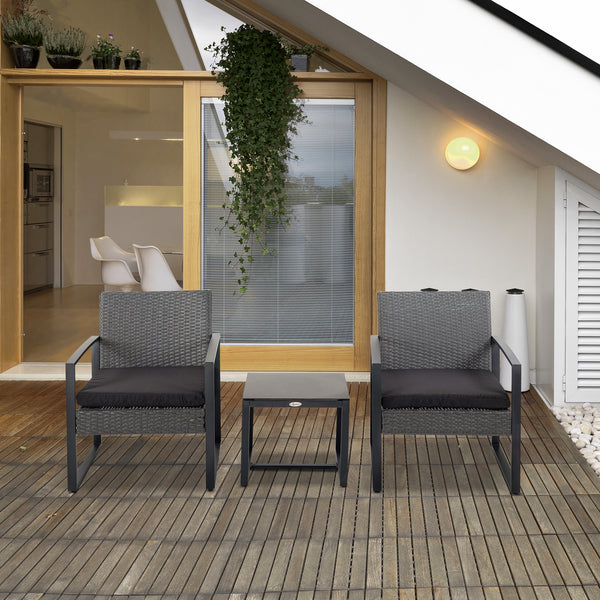Conjunto de Móveis de Jardim de Vime 3 Peças com 1 Mesa 42,5x40x39 cm 2 Poltronas 63x57x76 cm Almofada Acolchoada para Pátio Varanda Cinzento e Preto
